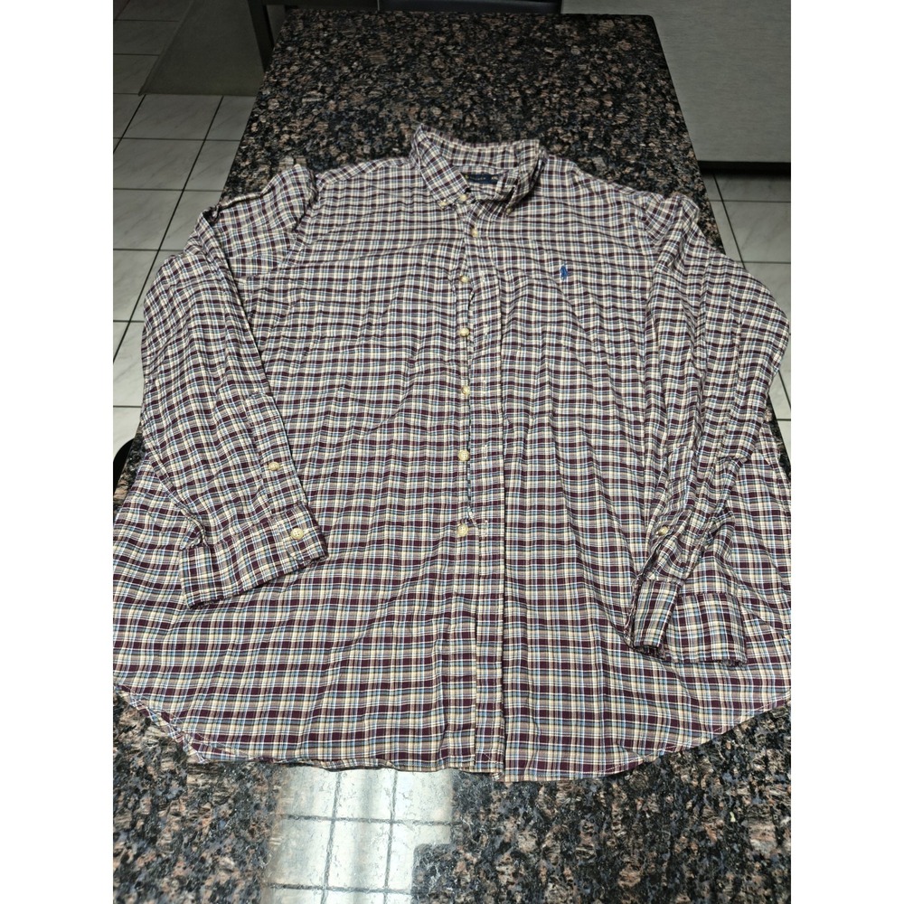 Ralph Lauren Shirt Mens XXL Burgundy Plaid Button Down Collared 100% Cotton